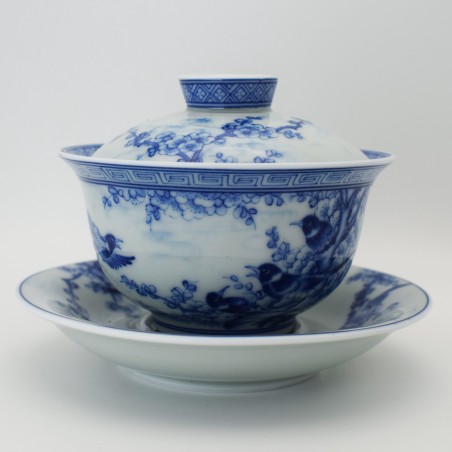 Hand-painted flower and bird teacup with saucer and lid