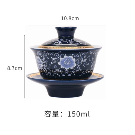 Enamel teacup with lid and tea tray