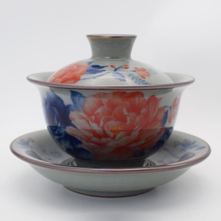 Ice crack hand-painted peony teacup