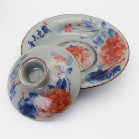 Ice crack hand-painted peony teacup