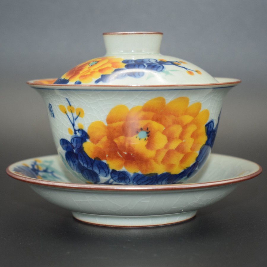 Hand-painted Peony Ice Crack Teacup and Lid Bowl