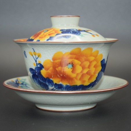 Hand-painted Peony Ice Crack Teacup and Lid Bowl