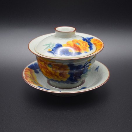 Hand-painted Peony Ice Crack Teacup and Lid Bowl