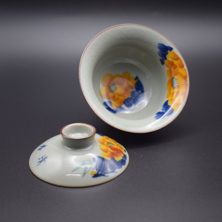 Hand-painted Peony Ice Crack Teacup and Lid Bowl