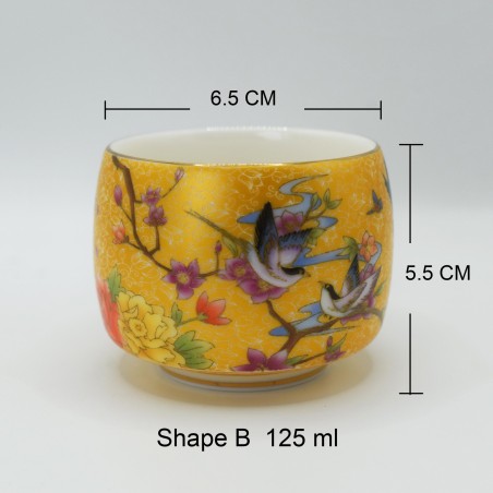 Hand-painted porcelain teacup with floral and bird patterns