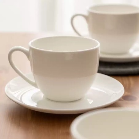 Smooth white ceramic coffee cup and saucer