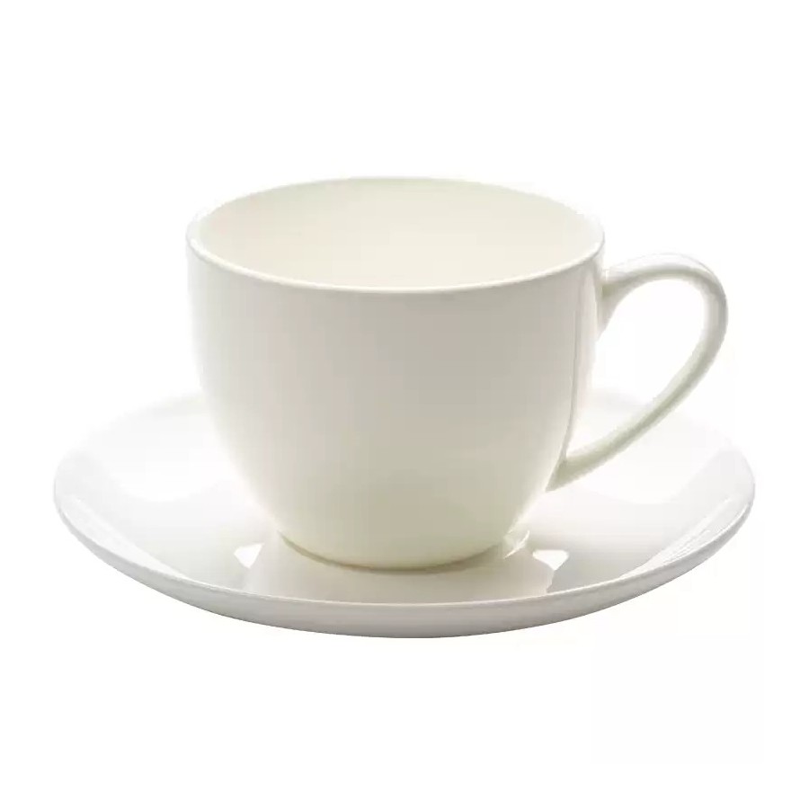Smooth white ceramic coffee cup and saucer
