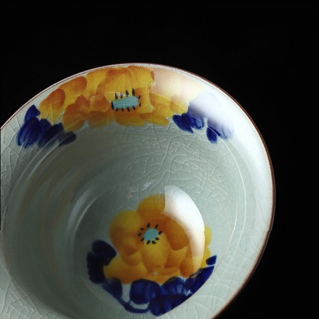 Hand-painted Peony Ice Crack Teacup and Lid Bowl