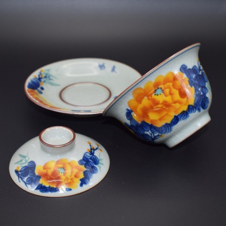 Hand-painted Peony Ice Crack Teacup and Lid Bowl